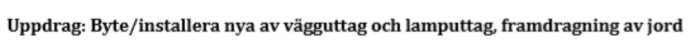 Textöversikt av ett elektriskt uppdrag för byte och installation av vägguttag, lampkontakt och framdragning av jord.