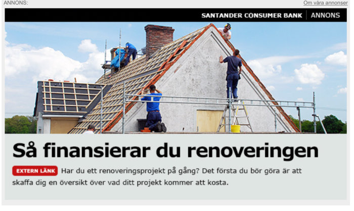Arbetare på tak under renovering med potentiella säkerhetsrisker, annonser kring bilden.