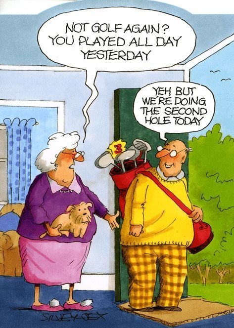 En tecknad bild av en man i golfkläder som argumenterar med en kvinna som håller en hund.