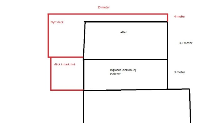 Enkel ritning som visar en befintlig altan med ett tillbyggt däck markerat i rött.
