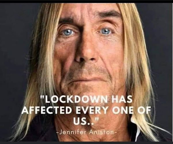 Bild av en photoshoppad person med manliga och kvinnliga drag samt en citattext om lockdown-effekter.