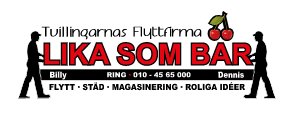Logo för "Tvillingarnas Flyttfirma LIKA SOM BÄR" med silhuetter av två personer och en körsbärsbild.