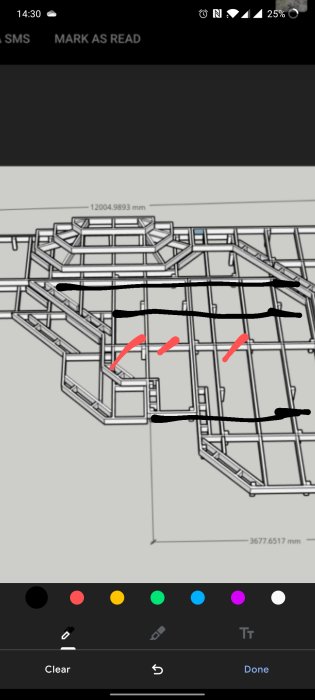 Schematisk illustration av ett träregelverk med markerade bärlinor i svart och nedsänkta reglar i rött.