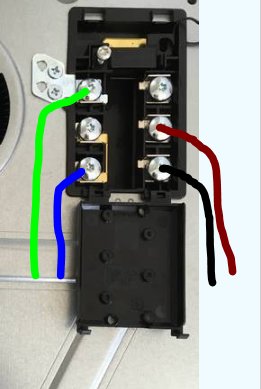 Eluttag med märkta kablar i olika färger som illustrerar anslutningssätt.