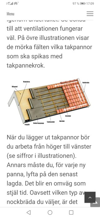 Illustration av hur takpannor korrekt läggs på ett hustak, numrerad ordning från höger till vänster.