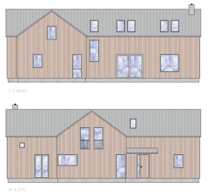 Två arkitektoniska skisser av en byggnad, ena visar norra fasaden och andra södra fasaden.