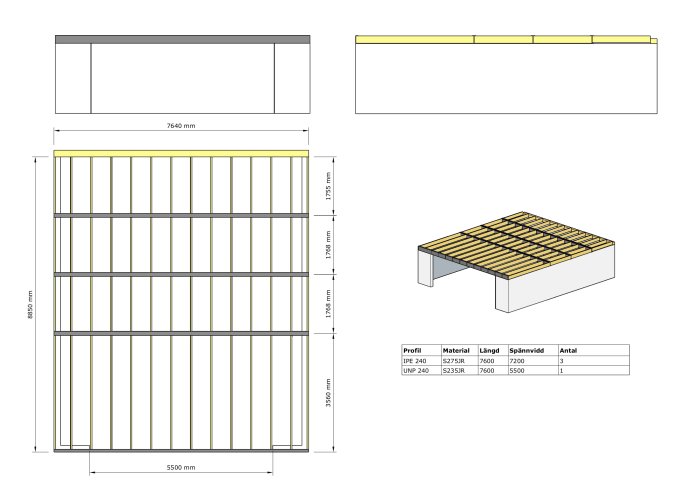 Ritningar av en garagetillbyggnads konstruktion med mått och materialspecifikationer för självbärande design.