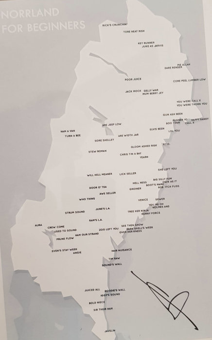 Schematisk karta med alternativa ortnamn och humoristiska ordlekar, överlag en skämtsamt framställd karta över Norrland.