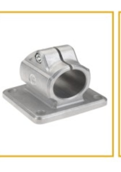 Justerbar aluminiumfäste med en rund öppning för rör, monterat på en platt basplatta.
