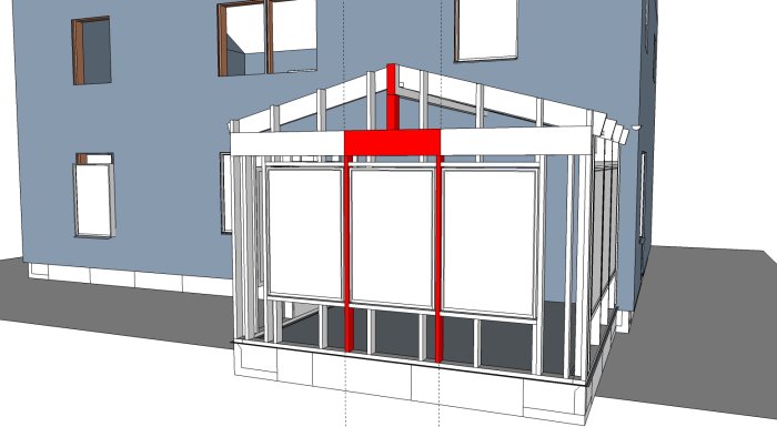 Skiss i SketchUp av husfasad med markerade stolpar och gavelbalk i limträ samt lastvägar rödmarkerade.