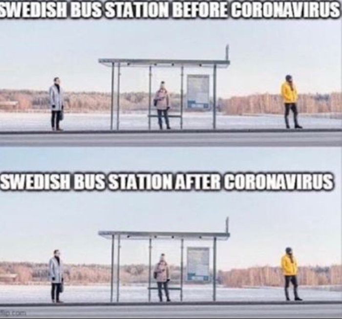 Människor på en busshållplats före och efter coronavirus, demonstrerar social distansering.