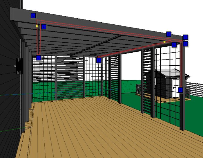 3D-modell av trädäck med röd linje, ledblock(L), kindblock(K) och knutpunkt markerade, inklusive tak och stolpar.