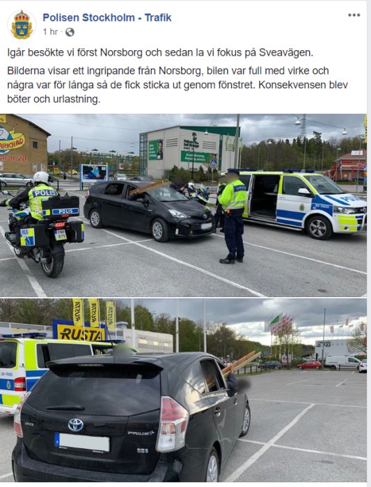 Polis kontrollerar överlastad bil med virke som sticker ut ur fönstret på parkering med polisfordon i bakgrunden.