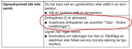 Sida ur en manual med markerad text som anger att driftspärren på en ugn är aktiverad.