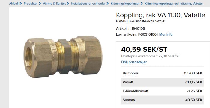 Rak koppling VA 1130 i mässing för rörmontage, visas med prisinformation från Ahlsell.