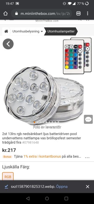 Ovanpåliggande RGB LED-poolbelysning med fjärrkontroll och batteridrift.