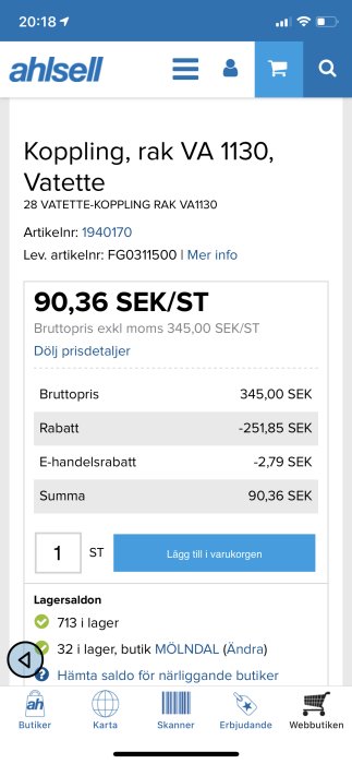 Skärmdump från Ahlsell med pris på koppling, rabatt och summa, 713 i lager, köpalternativ.