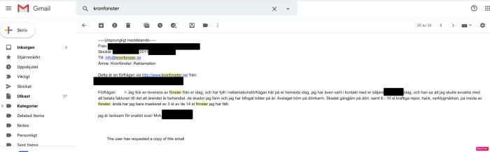 Skärmdump av e-post från Kronfönster med en reklamation om skadade fönster, suddade personuppgifter.