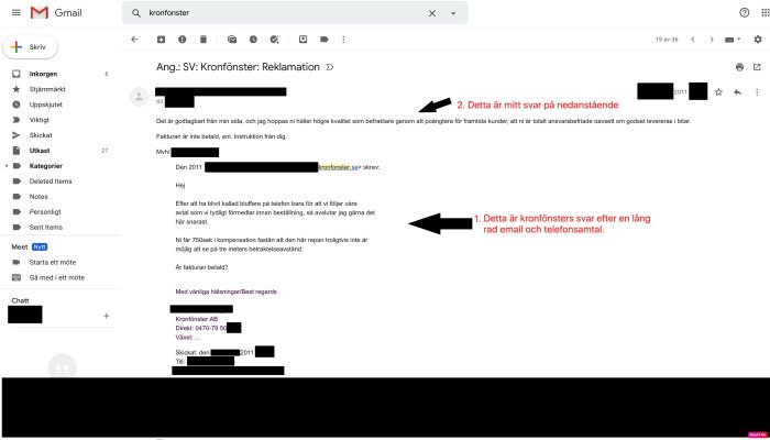 Skärmdump av e-postkonversation med Kronfönster angående reklamation och ersättning, text suddad för anonymitet.