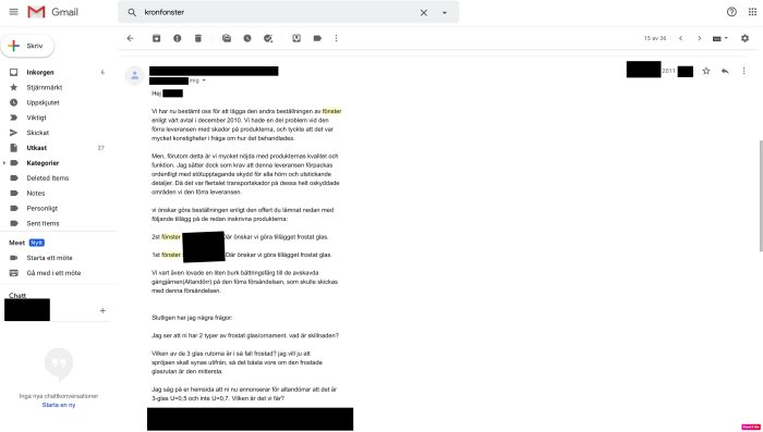 Skärmdump av e-postkonversation om fönsterbeställning och ersättningskrav.