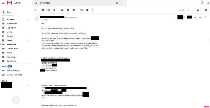 Skärmdump av ett e-postmeddelande från Kronfönster AB som diskuterar återbetalning av ersättning.