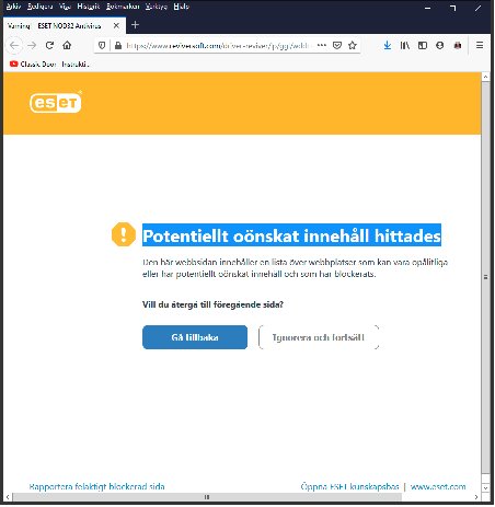 Antivirusvarning på skärmen som indikerar potentiellt oönskat innehåll efter att ha klickat på en reklam.