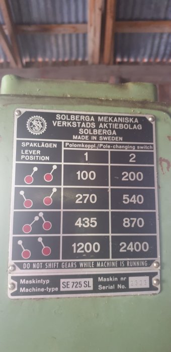 Informationstavla på Solberga maskin med närbild på växelschemat och varningsnotisen "DO NOT SHIFT GEARS WHILE MACHINE IS RUNNING".