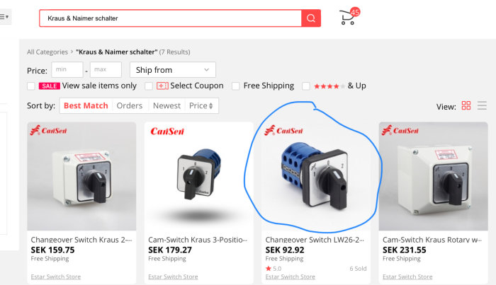 Screenshot av olika modeller av Kraus & Naimer brytare listade på en webshop med priser och betyg.