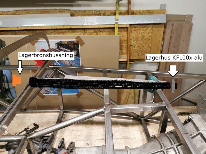 Metalliskt byggnadsställ med utmarkerade delar för lagerbronsbussning och lagerhus KFL00x, illustrerar konstruktionen av en rattstång.