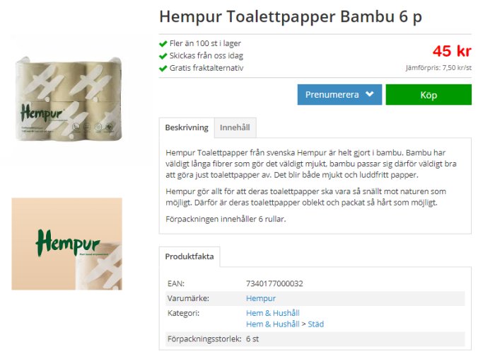 Skärmdump av Hempur bambutoalettpapper som säljs online, sex rullar för 45 kronor, märkt med "Från svenska Hempur".