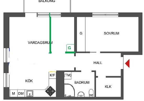 Planlösning med föreslagen ändring; flytt av garderobsvägg markerad med grön linje, symboliserar enklare alternativ till köksflytt.