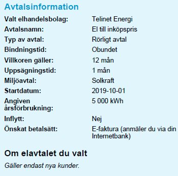 Skärmdump visar avtalsinformation om elhandel med detaljer som typ av avtal, bindningstid och årsförbrukning.