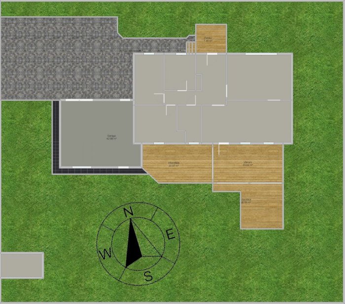 Schematisk skiss över en trädgård med hus, altan, uppfart och kompassros som indikerar planerad robotgräsklippares laddstation.