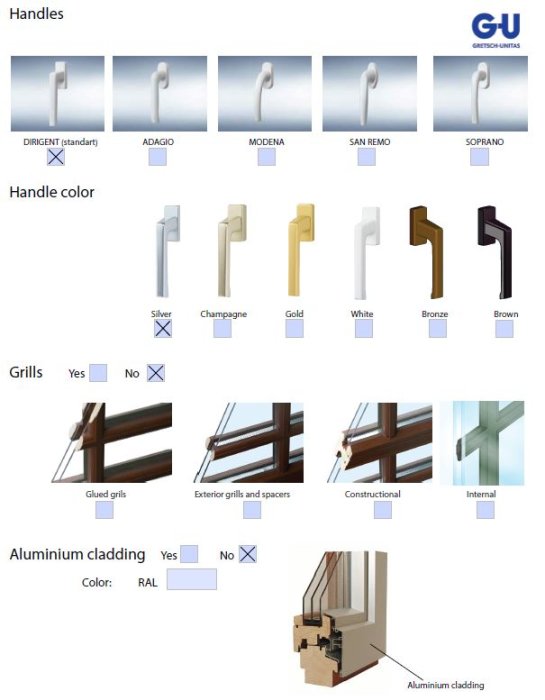 Bild på olika alternativ för fönsterhandtag i olika modeller och färger, grillmönster, samt exempel på aluminiumklädnad.