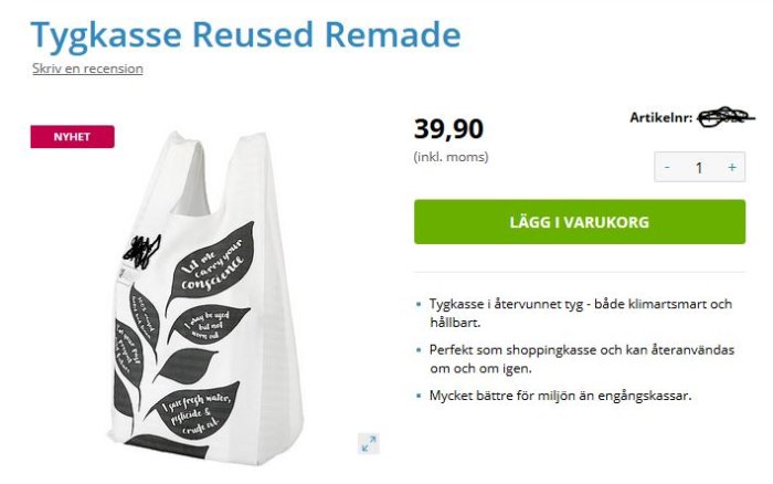 Vit återvunnen tygkasse med tryckta miljöbudskap, pris och köpknapp för e-handel.
