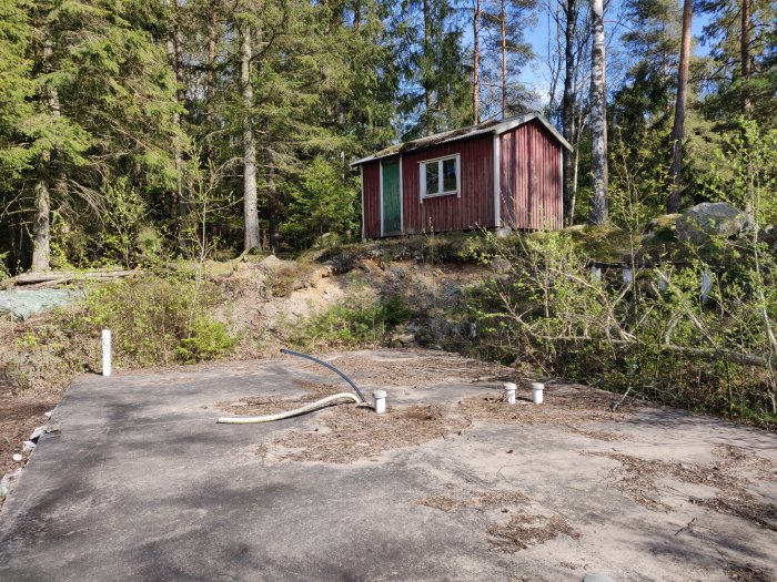 Tomt med äldre betongplatta i skogsmiljö, röd stuga i bakgrunden och installationer för brunn och avlopp synliga.