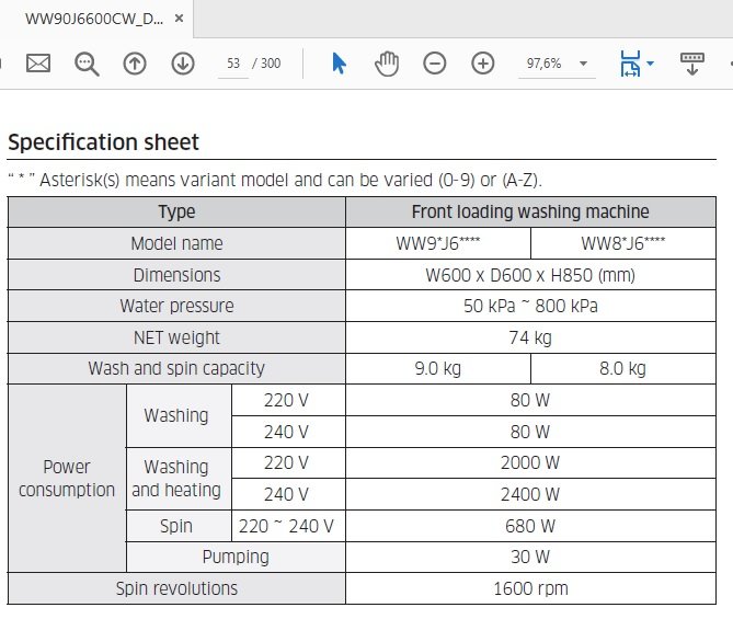 Specifikationsblad för främre lastnings tvättmaskin visar modellnamn, mått och strömförbrukning för tvätt och uppvärmning.