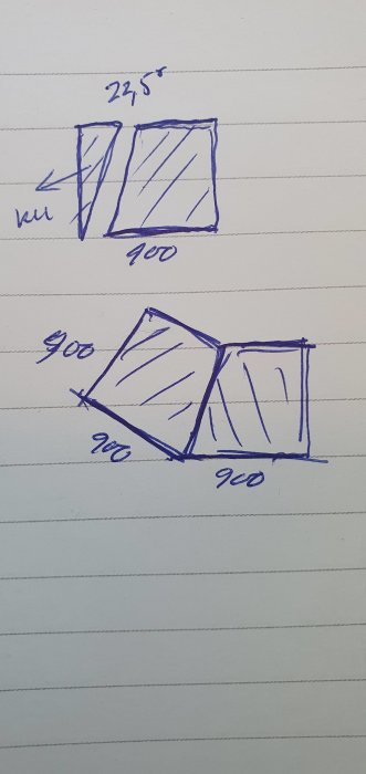 Handritad skiss som visar hur man kapar en 22,5° kil i stolpar för att skapa en dubbel 90° hörnstolpe.