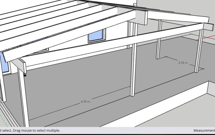3D-modell av en altan med limträstomme och måttangivelser, detalj av takåsarnas infästning.