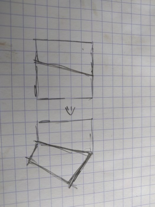 Handritad skiss visar sågning av träbit för att skapa två likadana delar med snittet förskjutet åt höger.