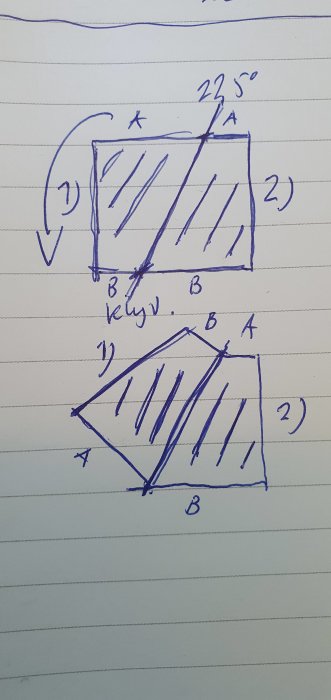 Handritad skiss som visar hur man kapar en del vid 22,5° för att passa ihop med en annan del.