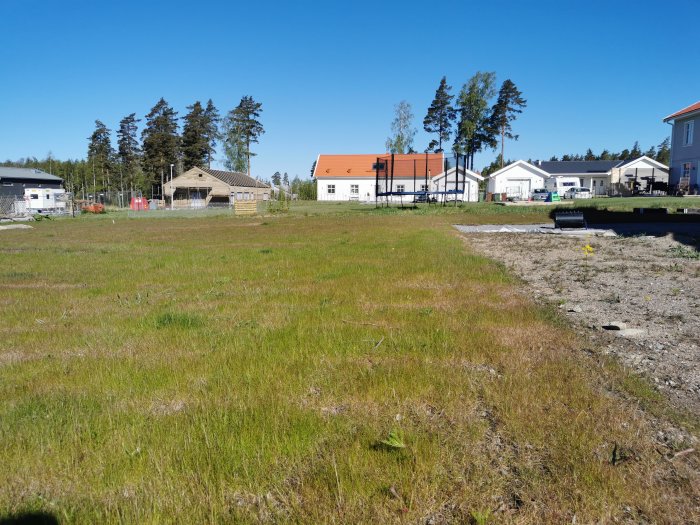 Ojämnt växande gräsmatta med sparsam grönska och stenig mark framför hus i soligt bostadsområde.