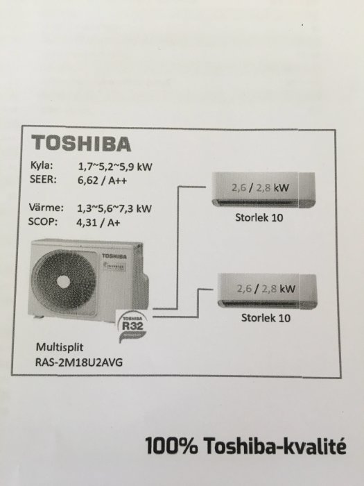 Broschyr för Toshiba luftvärmepump med specifikationer för kylning och uppvärmning och bild på inomhus- och utomhusenhet.