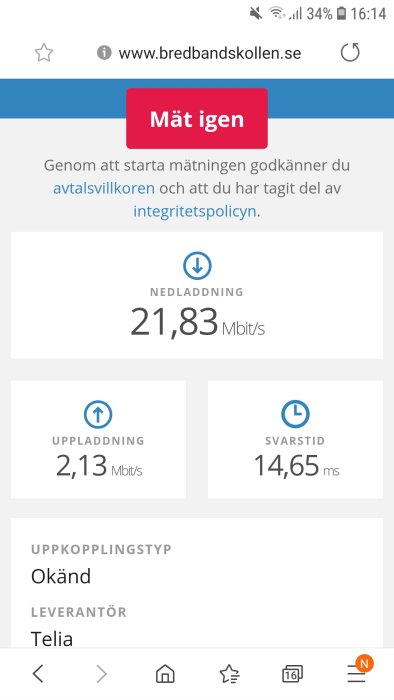 Skärmdump av bredbandshastighetstest som visar 21,83 Mbit/s nedladdning, 2,13 Mbit/s uppladdning, 14,65 ms svarstid.