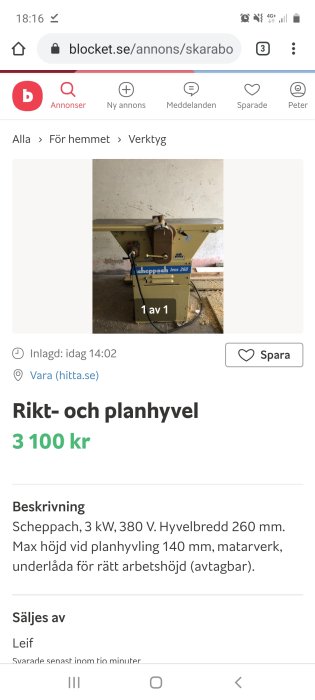 Begagnad Scheppach rikt- och planhyvel i ett garagemiljö, modell HMS 260.