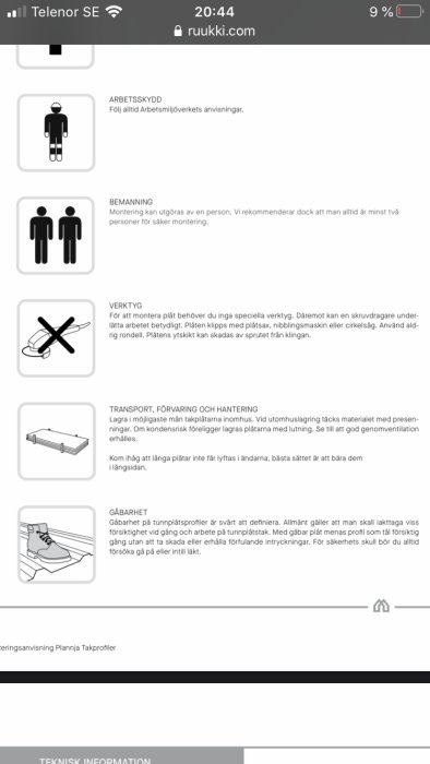 Skärmavbild från en broschyr med ikoner för arbetsanvisningar, inklusive personskyddsutrustning och verktygsanvisningar.