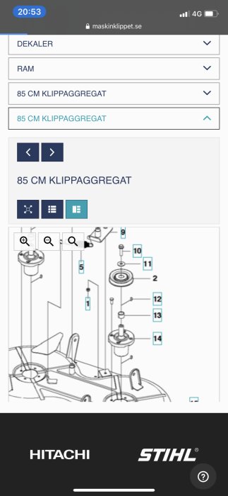 Explosionsritning av 85 cm klippaggregat med numrerade delar för byte av lager.