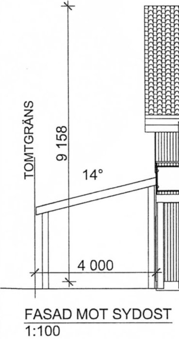 Ritning visande en carports sida mot sydost, med taket som sträcker sig till tomtgränsen, måttsatt i millimeter.