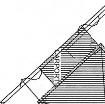 Ritad illustration av en carport från sidan med taket som sträcker sig till tomtgränsen, markerad med diagonala linjer.