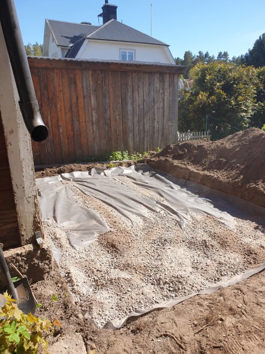 Uppgrävd trädgård med markduk och ett lager grus, redo för paddning, med ett trästaket i bakgrunden.